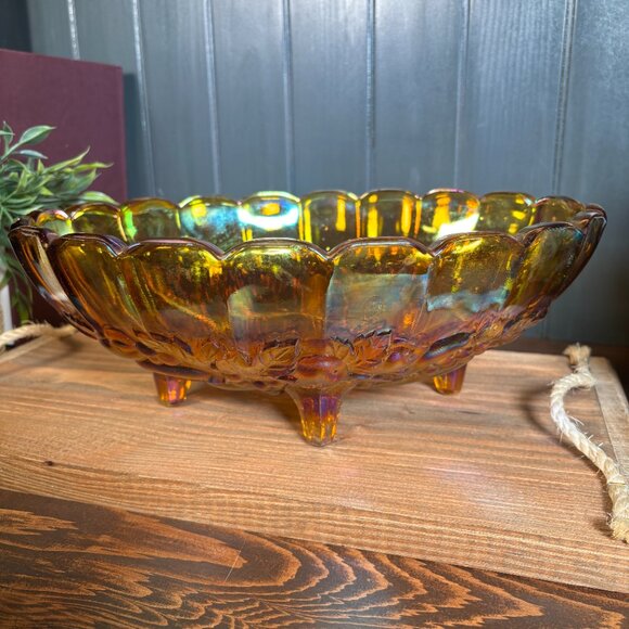Vintage Indiana Glass Harvest Grapes Carnival Glass Footed Oval Fruit Bowl - Picture 2 of 16